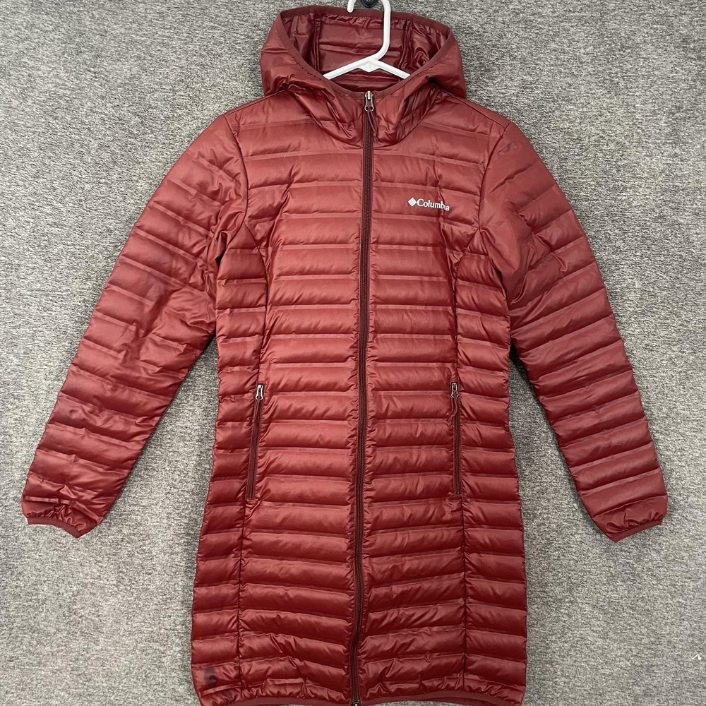 Columbia Coat Womens Small Red Down Puffer Hooded Lightweight Packable Full Zip